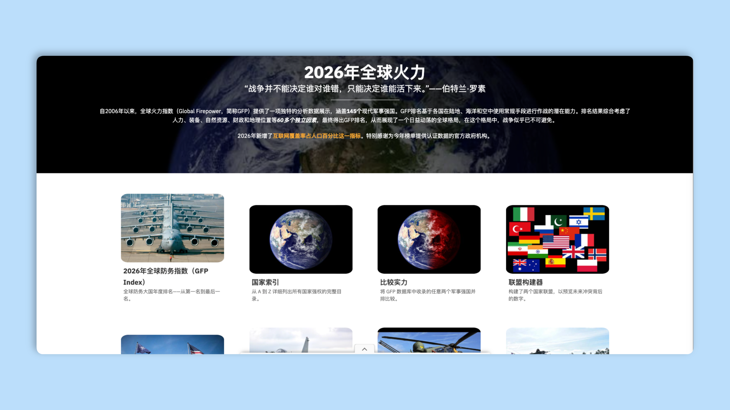 Global Firepower：全球军事实力年度排名网站，通过分析超过 60 个因素，常规军事力量进行综合评估和排名