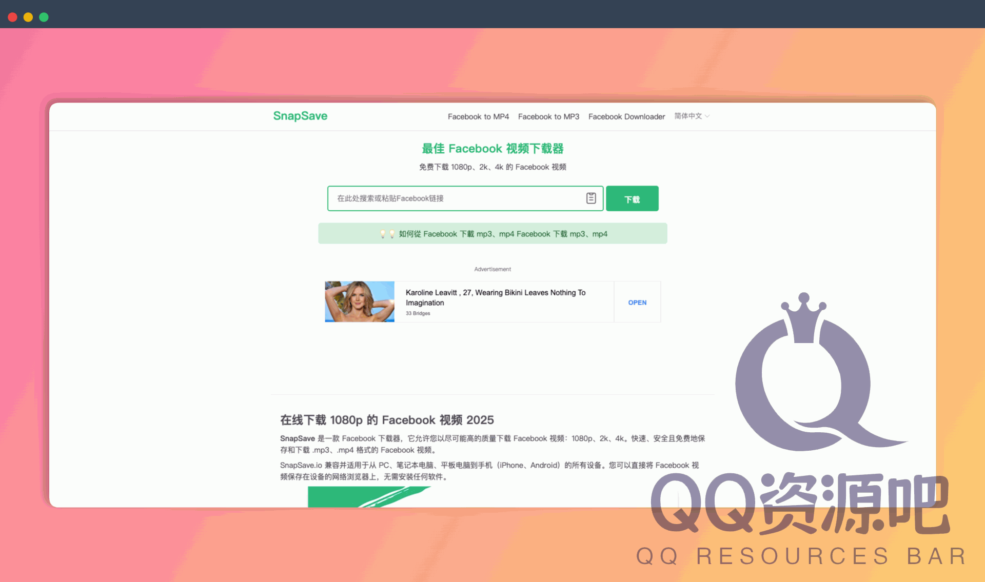 SnapSave：一款免费的 Facebook 视频下载器，支持 1080p、2K、4K 高清视频下载，操作简单快捷