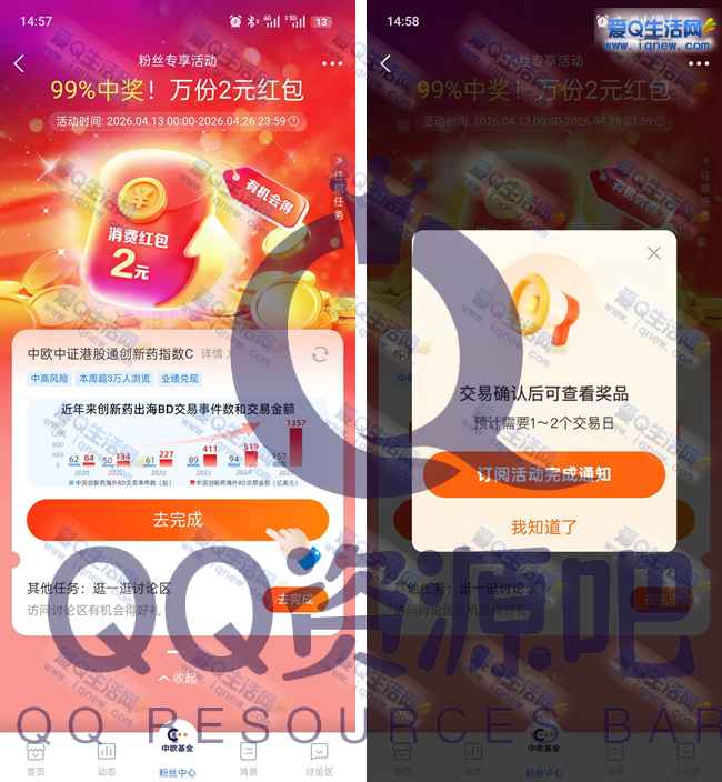 支付宝中欧基金 完成任务2元消费红包