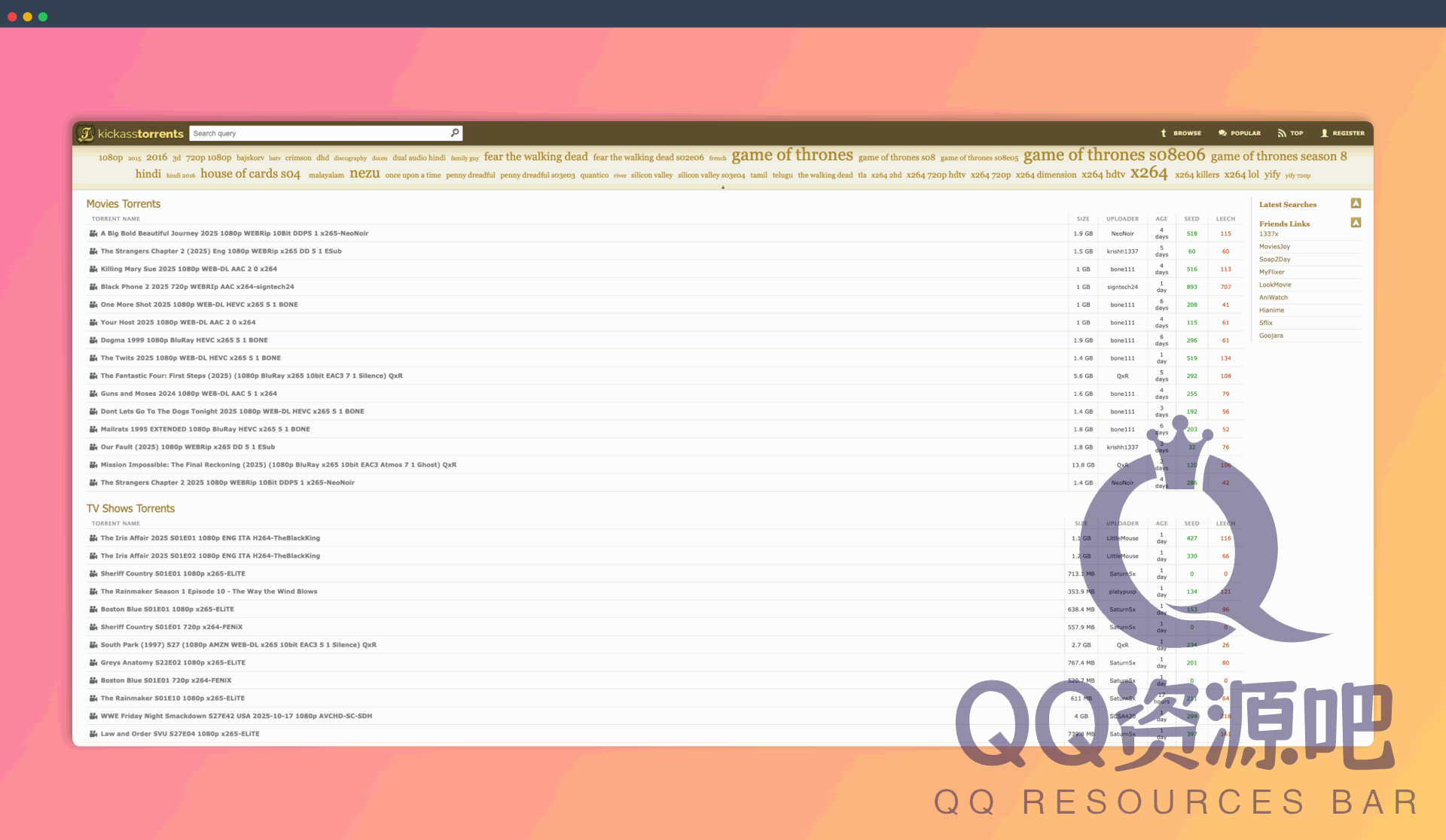 KickassTorrents：一个提供免费种子文件 (torrent) 资源下载的网站，可以通过它搜索和下载电影、电视剧、音乐、游戏、应用、动漫等多种资源