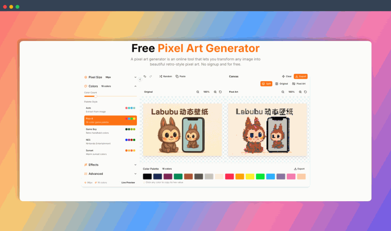 ImgToPixel.art：免费在线像素艺术生成器，简单几步就能将任何图片转换成精美的复古像素艺术作品