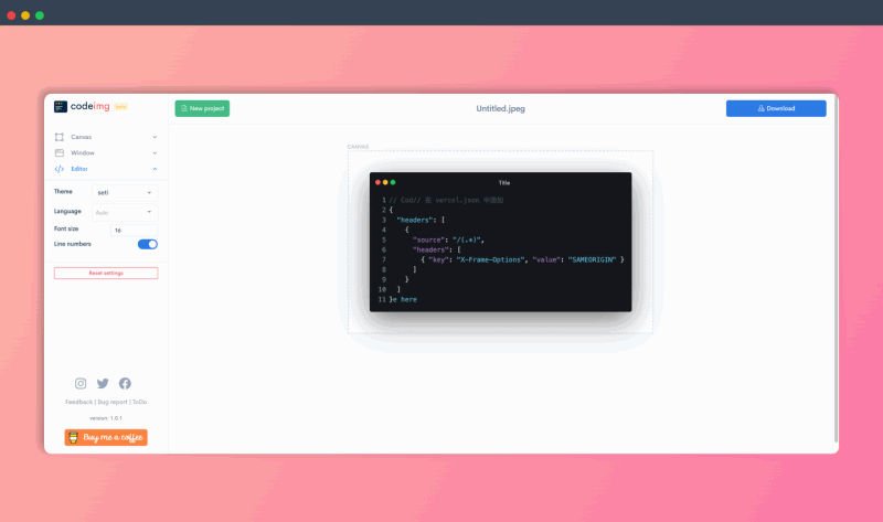 Codeimg：将你的代码转换成漂亮的图片，支持多种编程语言和主题样式，方便分享和展示代码