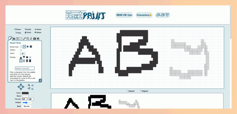 TextPaint：免费的在线文本艺术编辑器，用各种字符、符号和表情像画画一样创作出酷炫的文字图案、ASCII 艺术作品