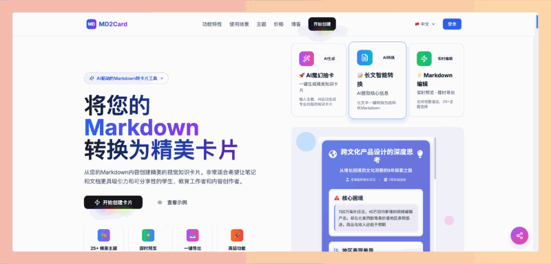 MD2Card：一款在线工具，可以将Markdown笔记一键转换成精美卡片，支持30多种主题样式和AI加持的智能功能