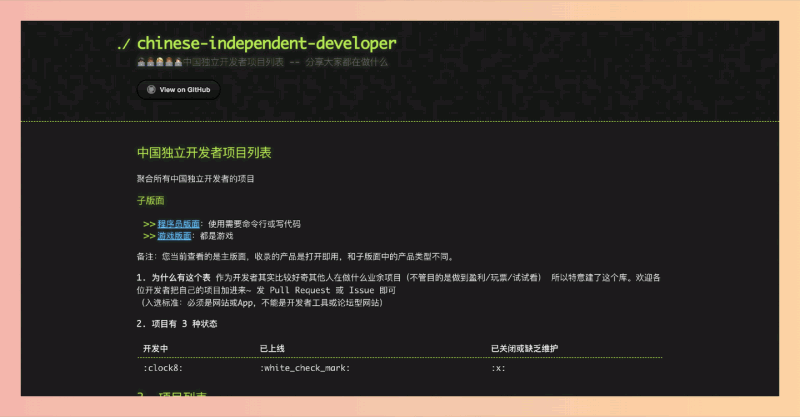 中国独立开发者项目列表:汇聚了各类开发者独立项目,帮助开发者展示创意、交流经验,激发灵感,促进合作