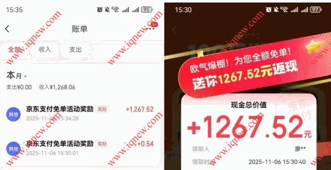 京东支付免单 反馈1267.52元秒到余额_www.iqnew.com