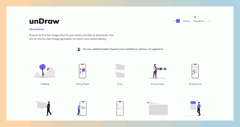 unDraw：专注于原创插画的在线图库，提供大量免费的矢量插画，可以一键改变插画的主色调