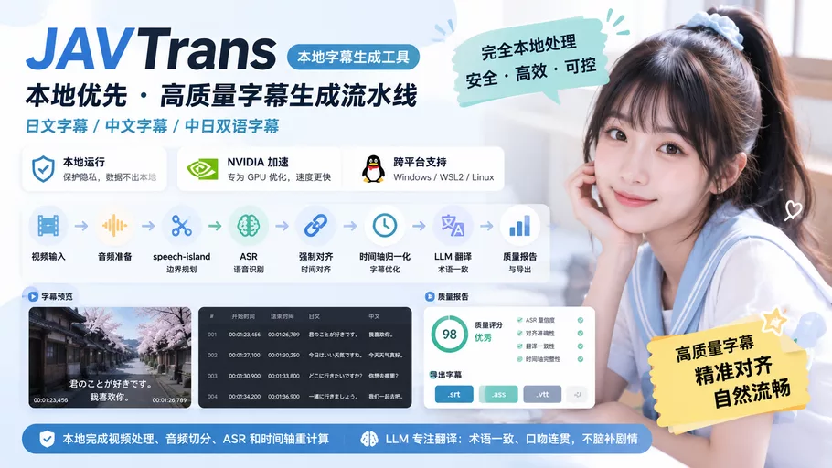 JAVTrans：本地优先的日语视频字幕神器，支持多语言输出与智能翻译