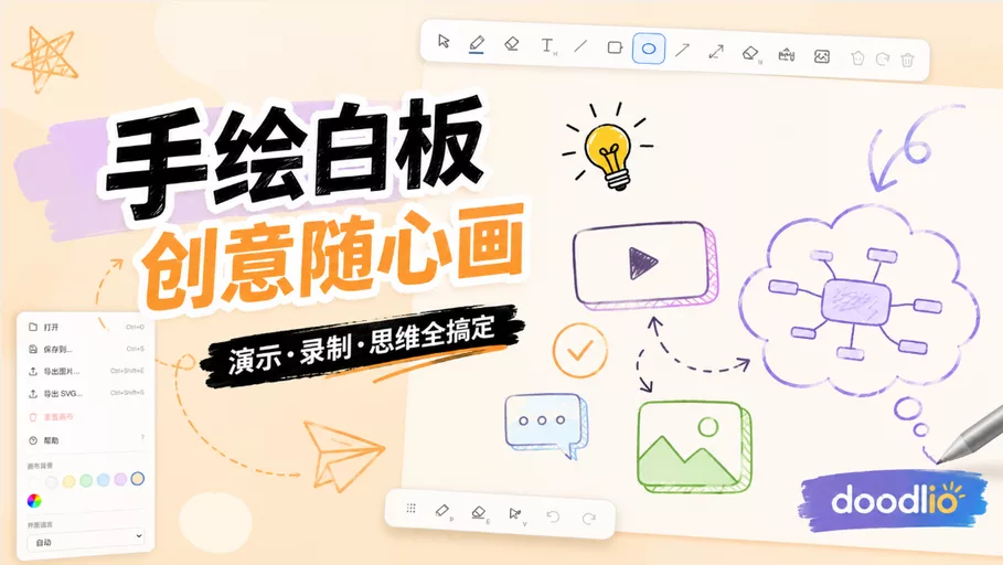 Doodlio涂鸦板:一款手绘风格的在线白板,集成思维导图、演示文稿、屏幕录制、摄像头捕捉、图层管理