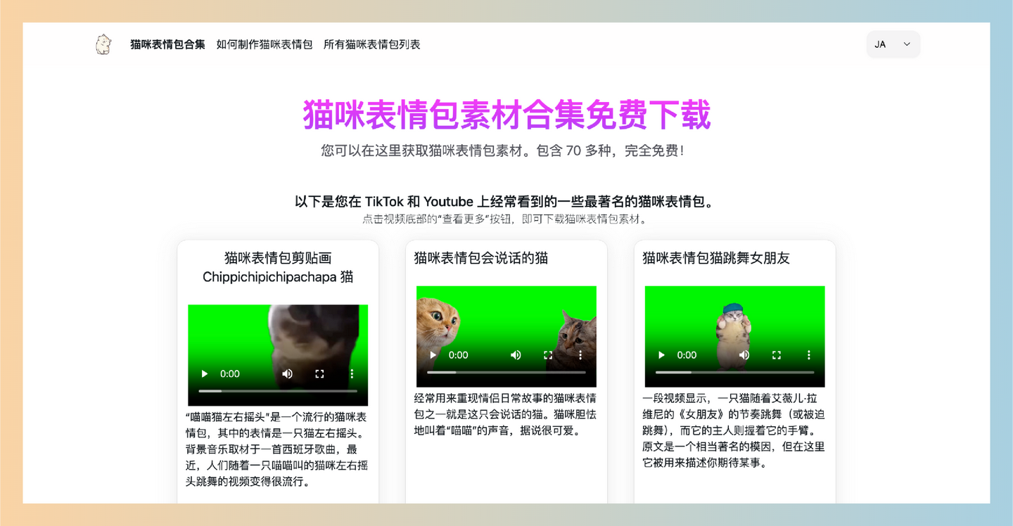 猫ミーム素材集：超过70种免费的搞笑猫咪表情包和视频素材，从搞笑到可爱，轻松制作属于自己的猫咪迷因