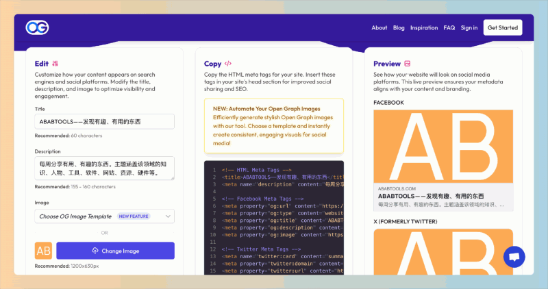 OpenGraph.xyz：允许用户输入网址，快速生成Open Graph元数据和图像，提升网站在社交媒体上的展示效果