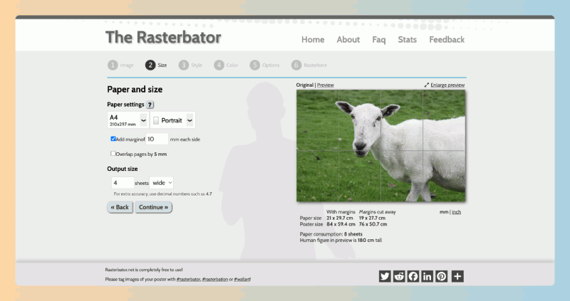Rasterbator:只需上传一张图片,选择尺寸和样式,网站就会生成一个多页面的 PDF 文件,方便你打印和组合
