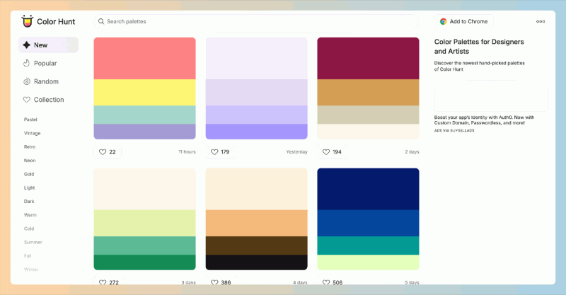 Color Hunt：免费、丰富的色彩调色板的网站，轻松获取灵感，支持主题分类、用户提交和随机生成调色板