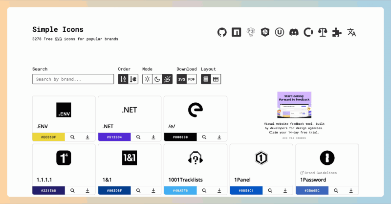 Simple Icons:一个提供超过3200种免费SVG品牌图标的网站,涵盖全球知名品牌的图标,分类清晰