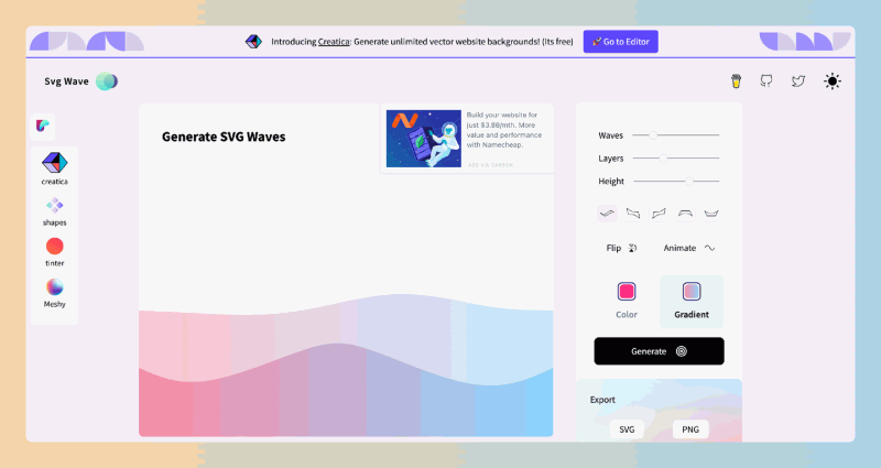 SVG Wave：轻松生成美丽渐变波浪背景图的在线工具，快速创建高质量的 SVG 波浪背景图