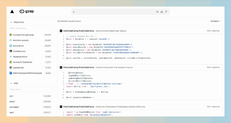 Grep：Vercel推出的超级代码搜索工具，超过50万个公共Git代码库，快速找到所需代码示例，简直是开发者的福音！
