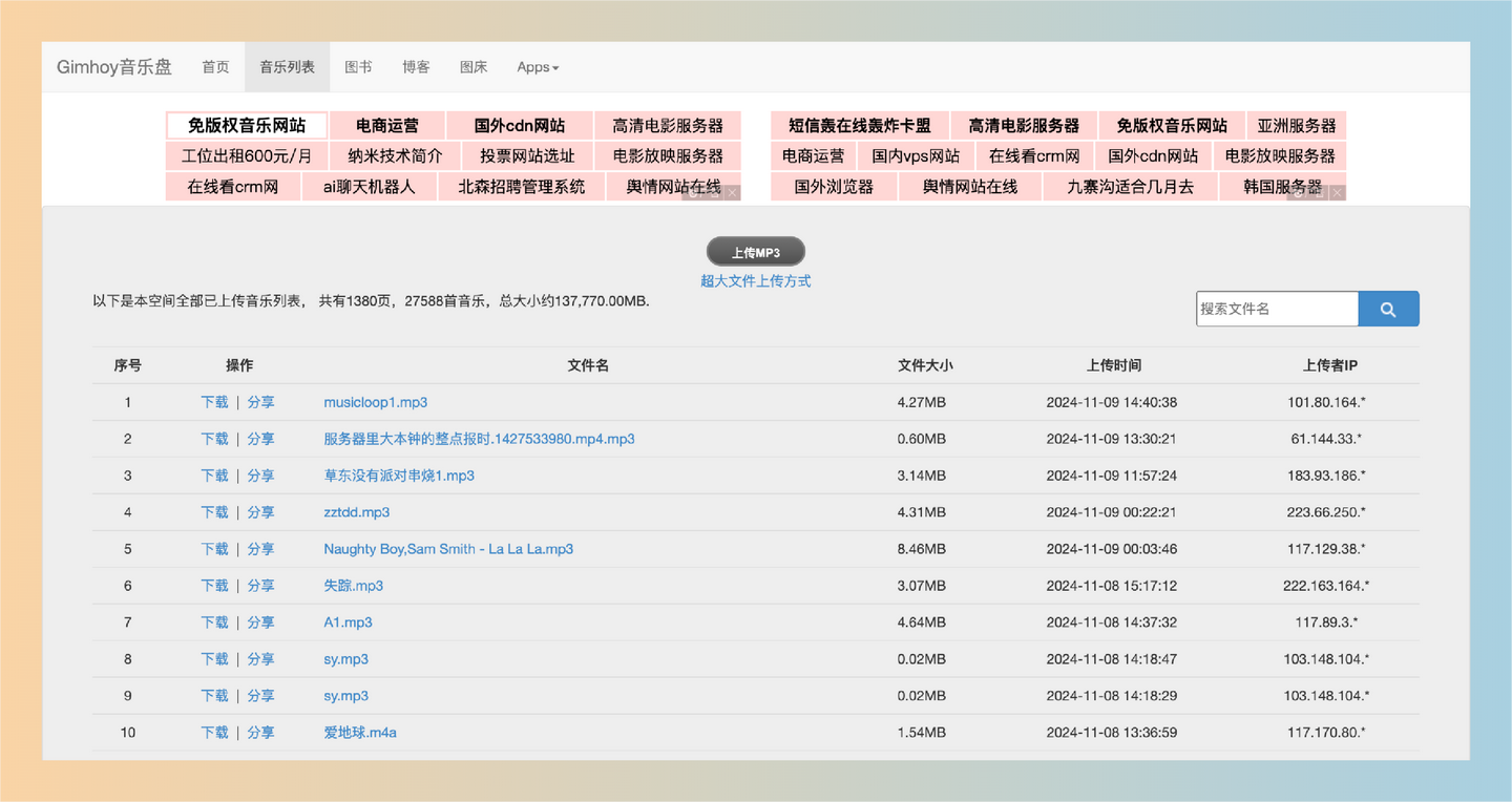 Gimhoy音乐盘：一个专注于音乐分享的网盘平台，用户可以随意上传和下载音乐，已累积数万首歌曲