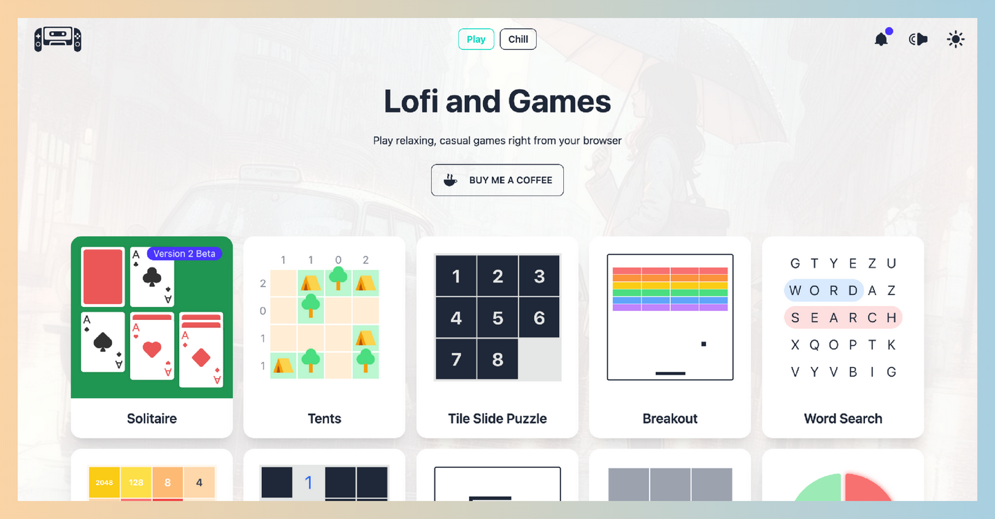 Lofi and Games：多种轻松休闲的在线游戏网站，包括经典的纸牌游戏、益智游戏，还有动脑的文字游戏