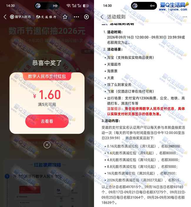 支付宝交行数币节抽2026元 亲测1.6元数币红包
