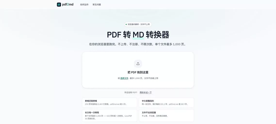 PDF2MD:免费PDF 转 MD 转换器,能完美保留表格和中文段落结构,单个文件支持多达1000页