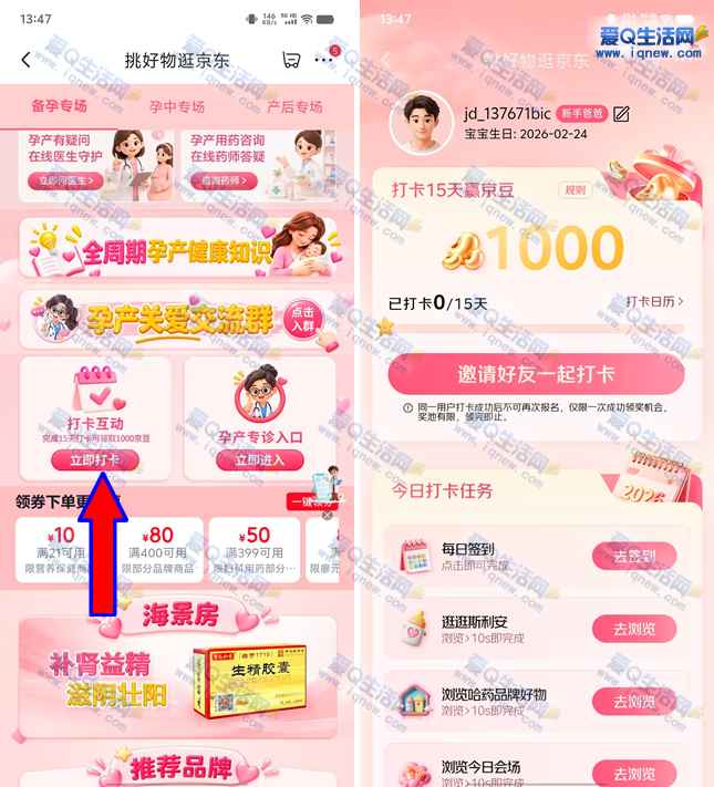 京东打卡15天领1000京豆 完成签到+浏览任务-www.iqnew.com