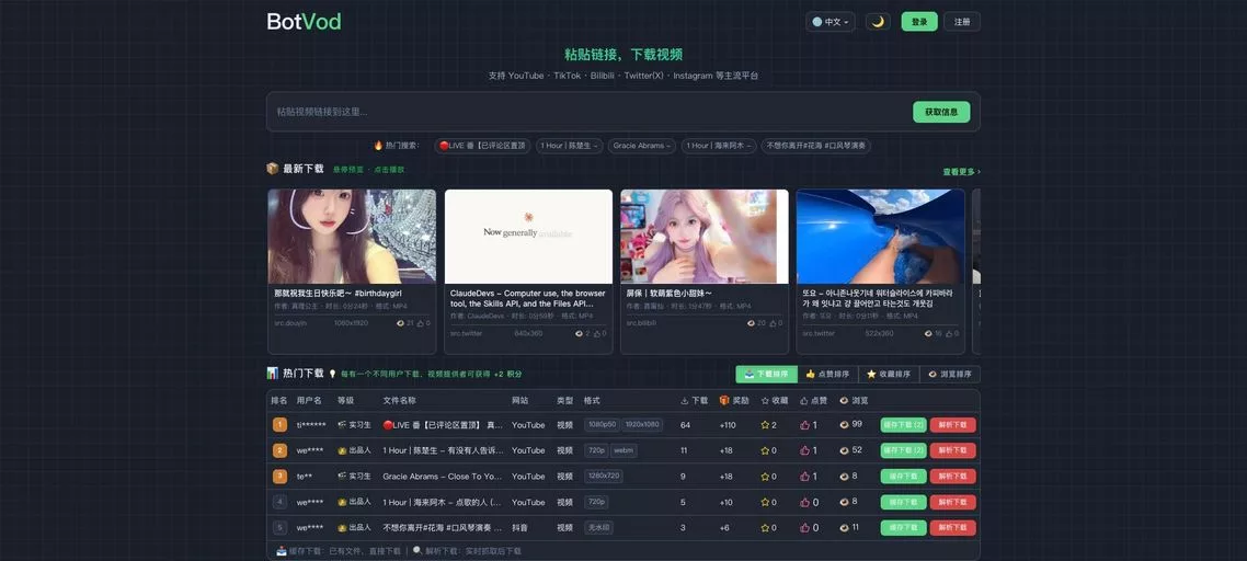 BotVod：免费在线视频下载网站，轻松搞定YouTube、B站、抖音等主流平台
