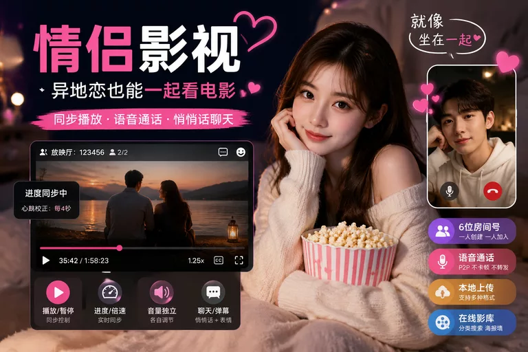 Couple Cinema:一款异地恋同步观影神器,语音聊天、本地上传与在线影库一站式体验