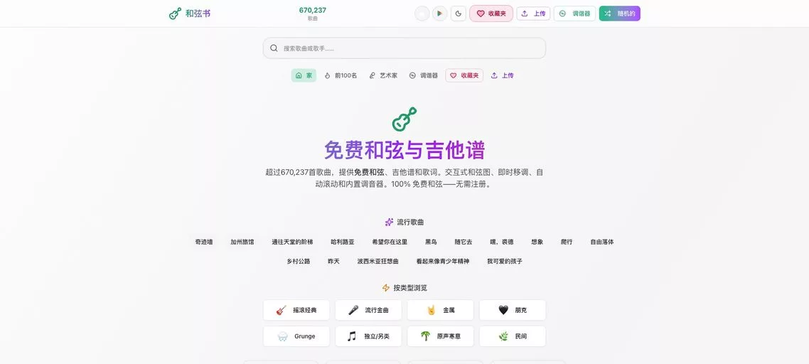 Free Chords:免费吉他谱和弦库,提供超67万首歌曲的吉他谱、和弦与歌词